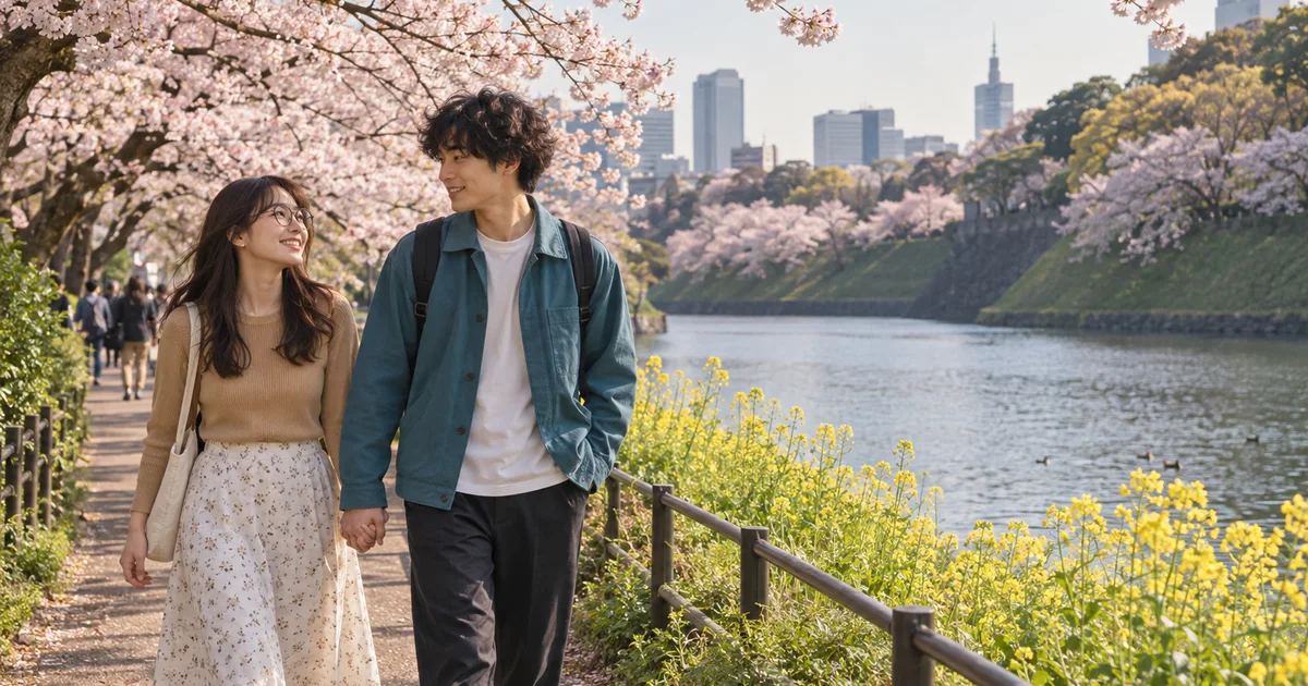 千鳥ヶ淵公園でデートを楽しむふたりをイメージしたAI画像
