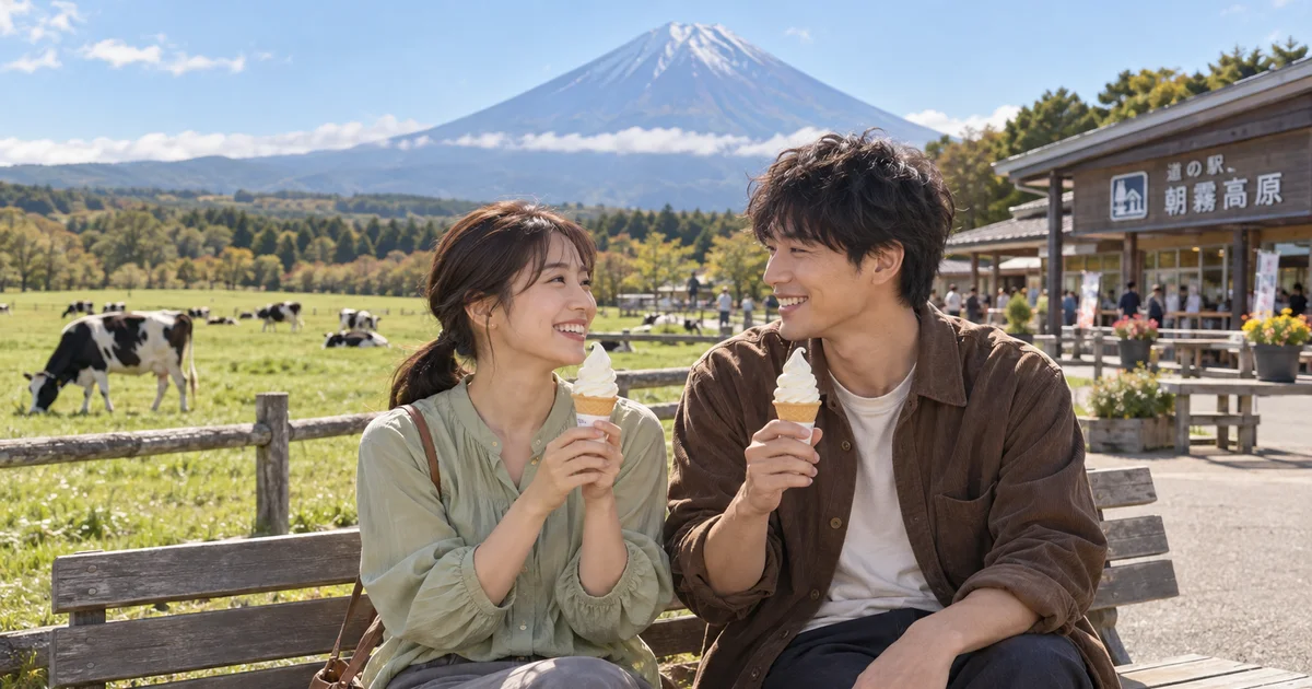 朝霧高原でデートを楽しむふたりをイメージしたAI画像
