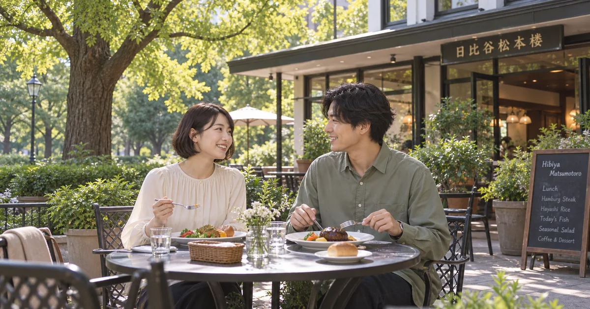 日比谷公園でデートを楽しむふたりをイメージしたAI画像