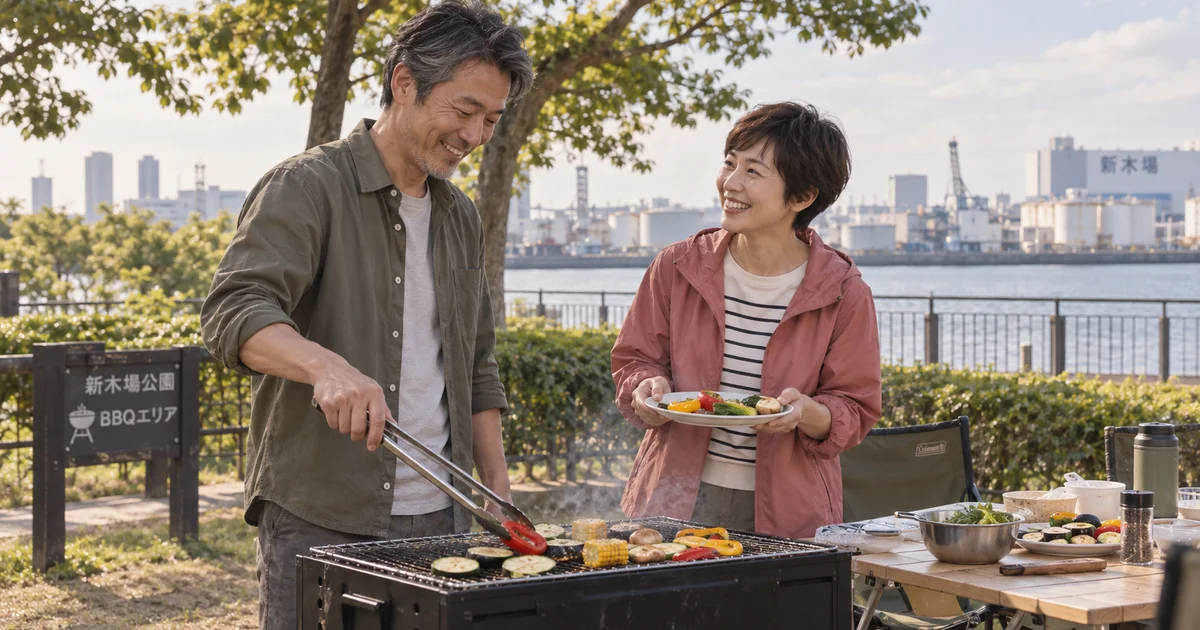 新木場公園でデートを楽しむふたりをイメージしたAI画像