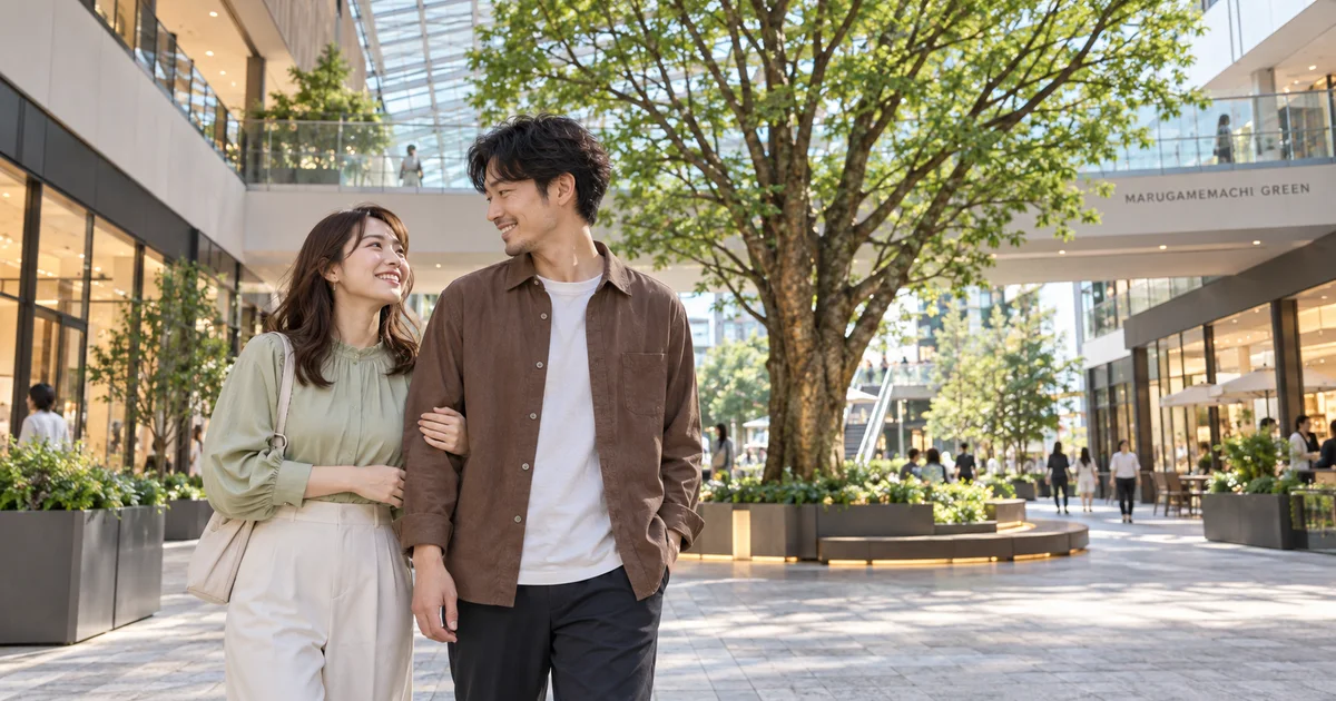 丸亀町グリーンでデートを楽しむふたりをイメージしたAI画像