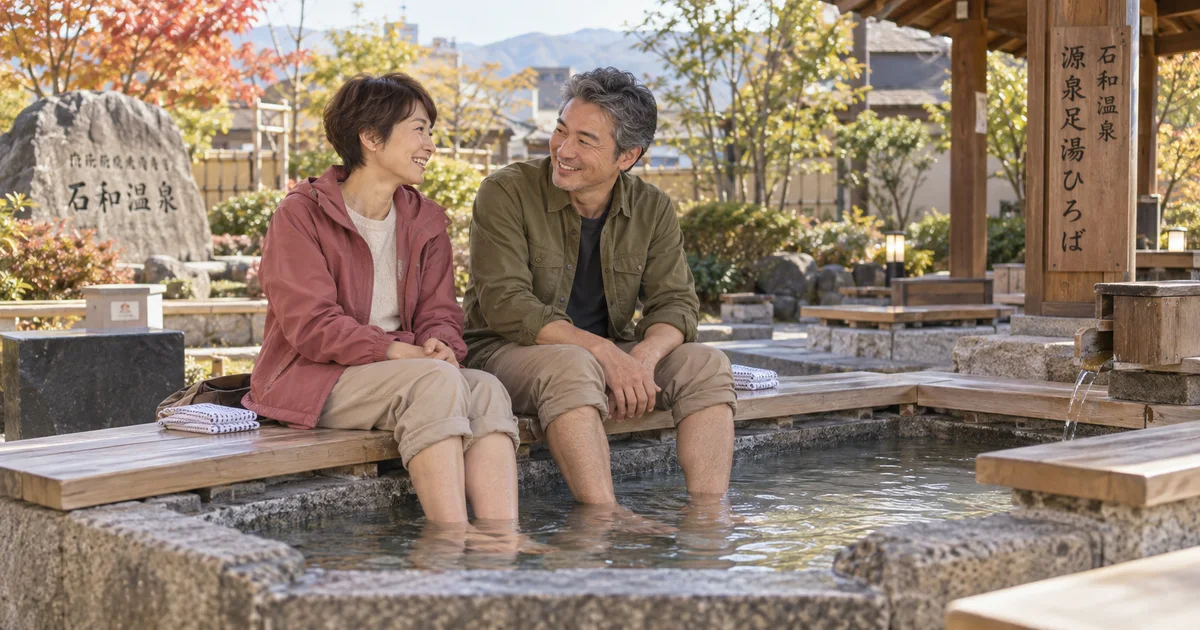 石和温泉でデートを楽しむふたりをイメージしたAI画像