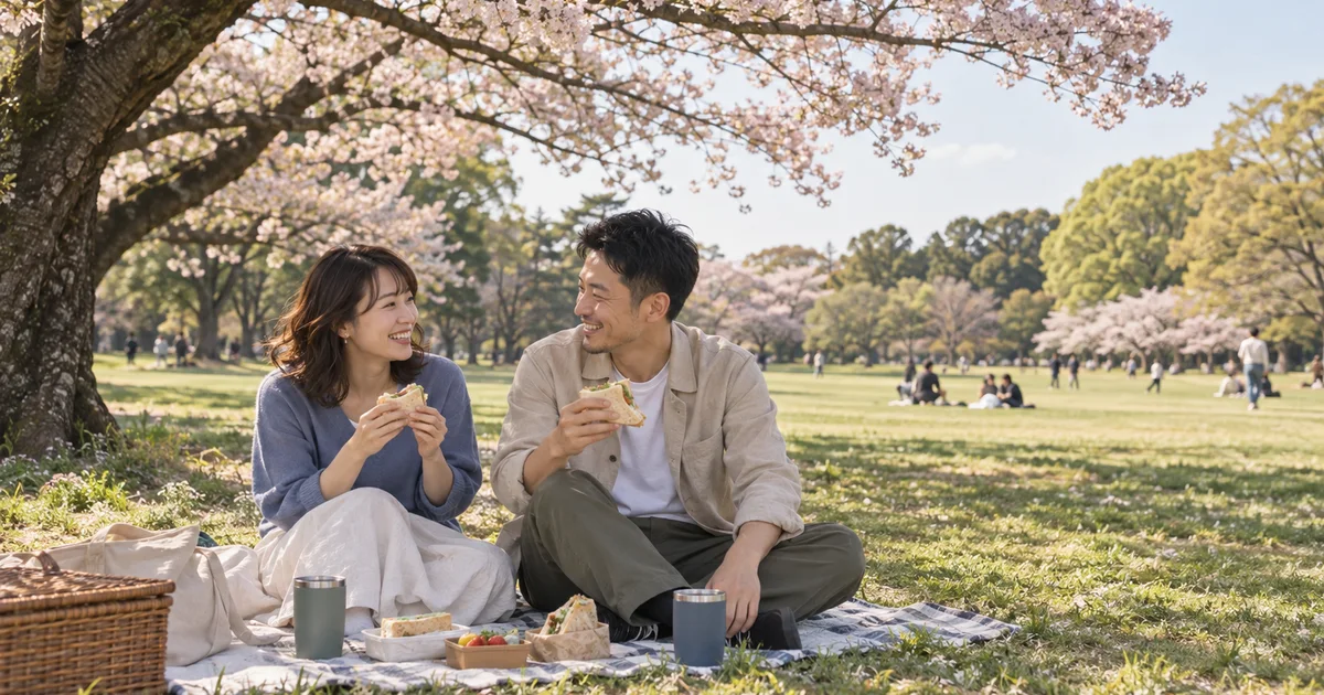 砧公園でデートを楽しむふたりをイメージしたAI画像