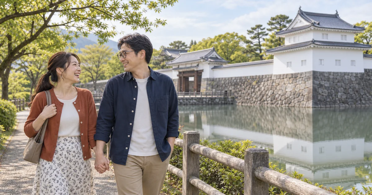 駿府城公園でデートを楽しむふたりをイメージしたAI画像