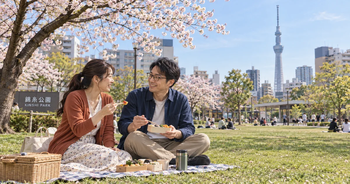 錦糸公園でデートを楽しむふたりをイメージしたAI画像