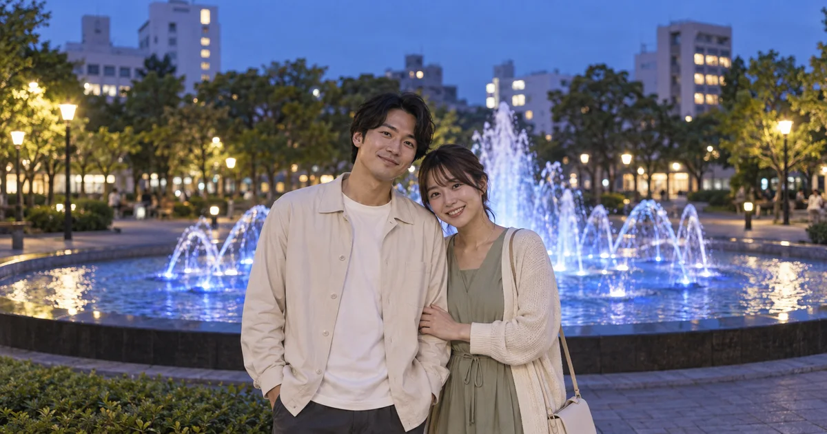 常磐公園でデートを楽しむふたりをイメージしたAI画像