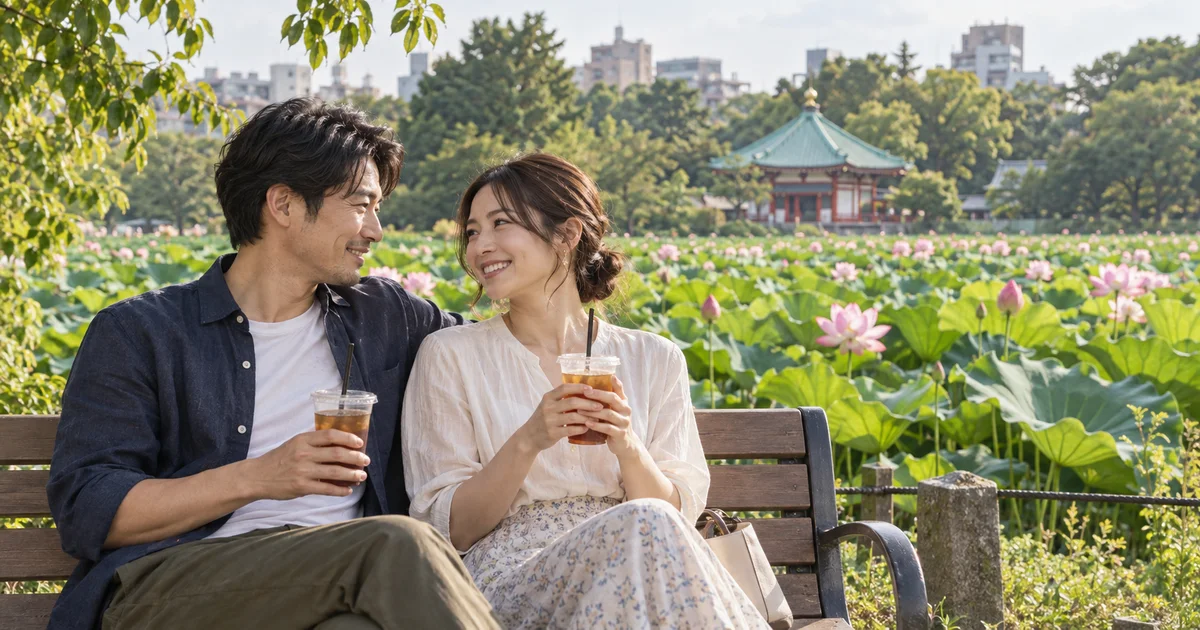 上野恩賜公園でデートを楽しむふたりをイメージしたAI画像