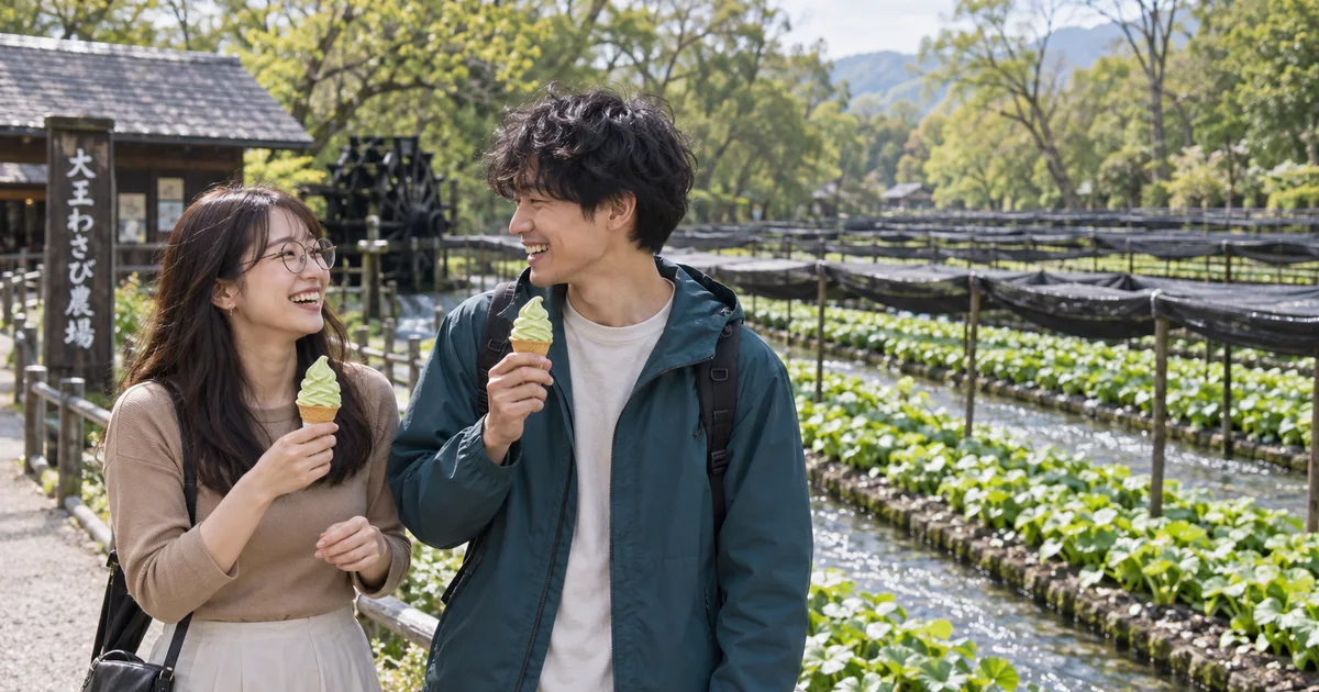 大王わさび農場でデートを楽しむふたりをイメージしたAI画像