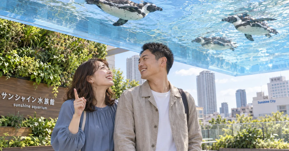 サンシャイン水族館でデートを楽しむふたりをイメージしたAI画像