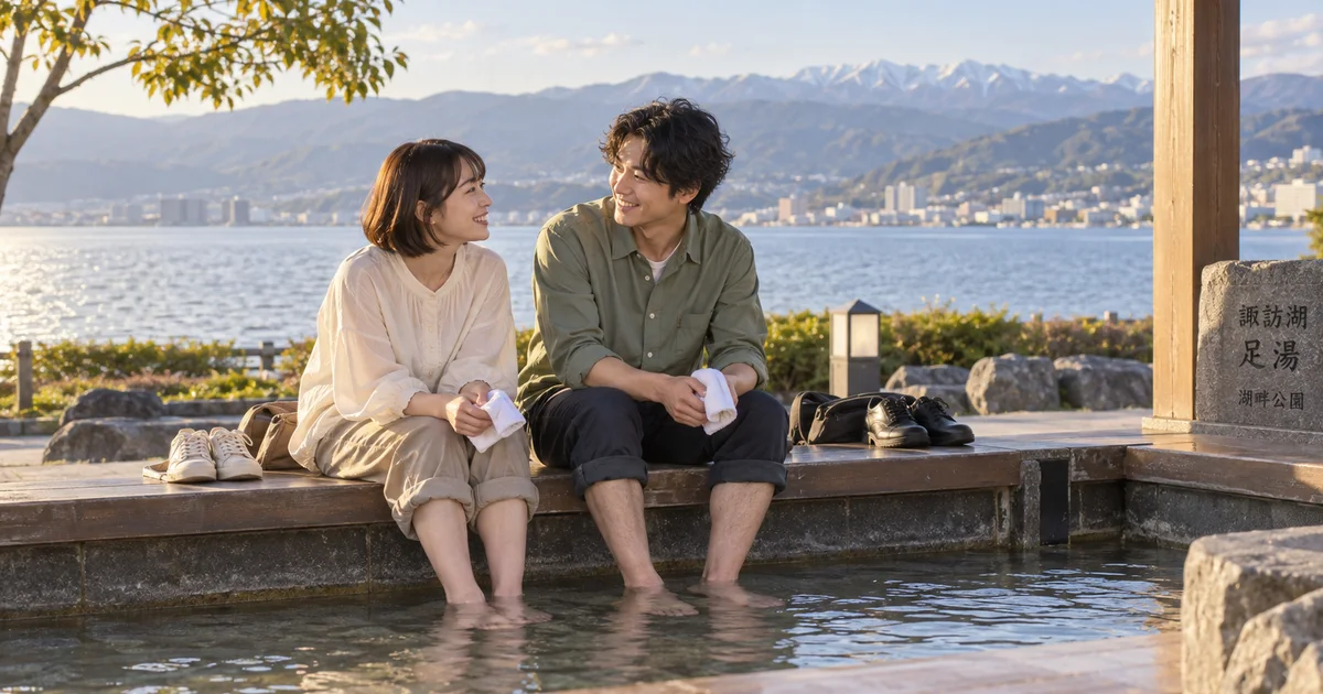 諏訪湖でデートを楽しむふたりをイメージしたAI画像