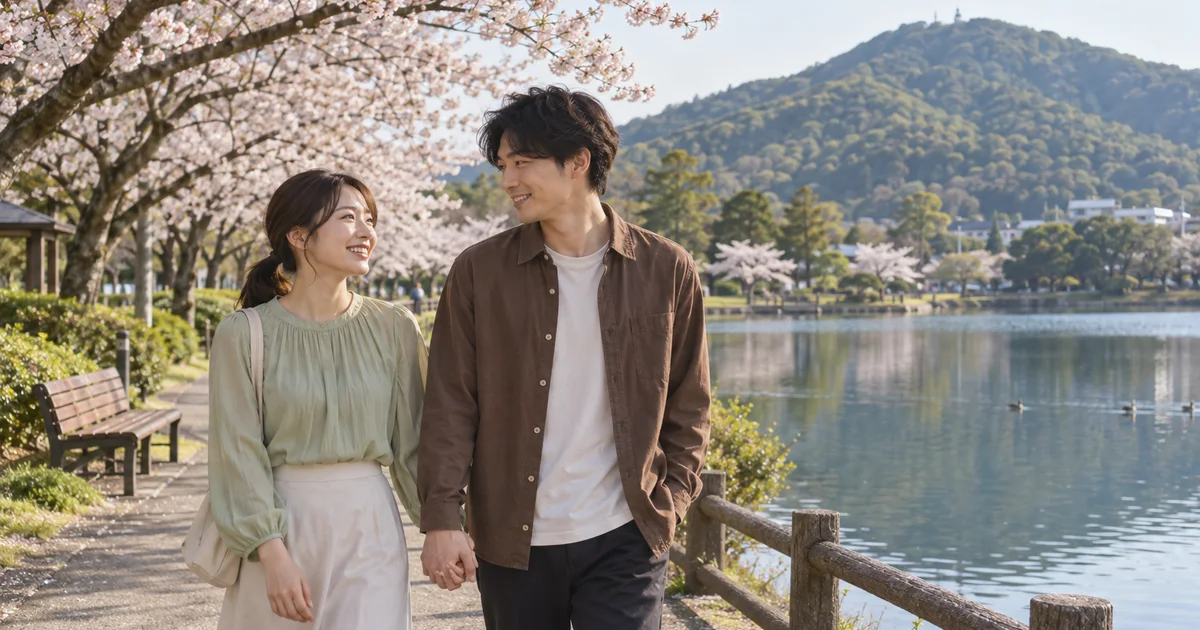 滝の宮公園でデートを楽しむふたりをイメージしたAI画像