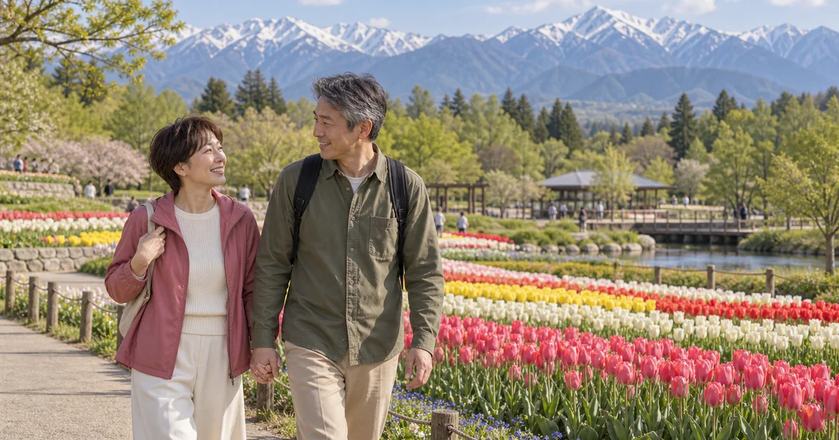 国営アルプスあづみの公園でデートを楽しむふたりをイメージしたAI画像