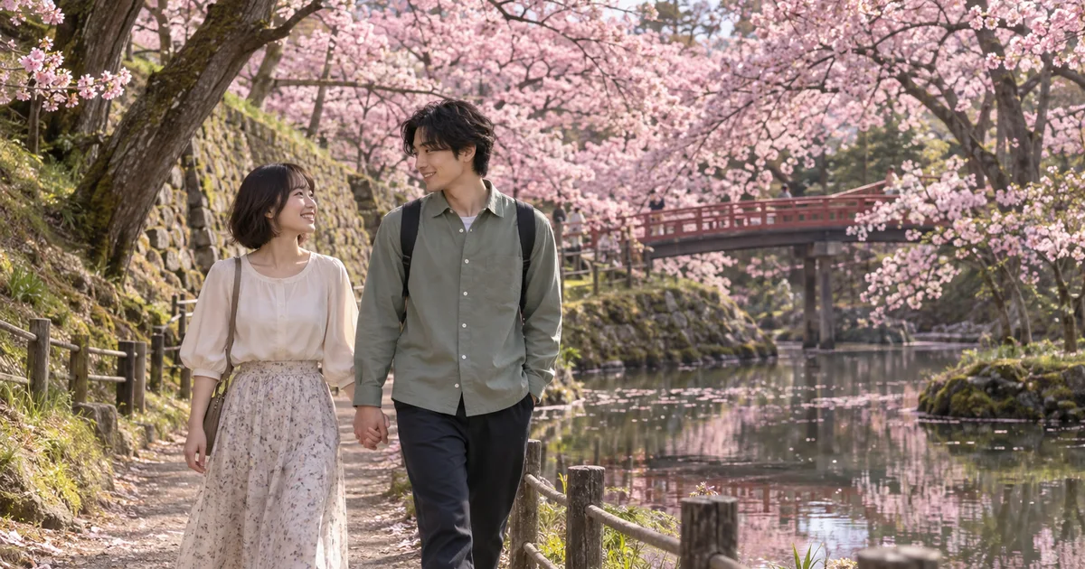 高遠城址公園でデートを楽しむふたりをイメージしたAI画像