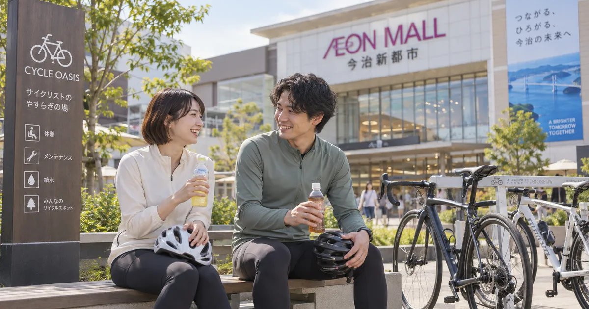 イオンモール今治新都市でデートを楽しむふたりをイメージしたAI画像