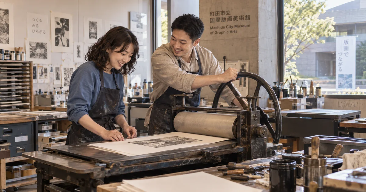 町田市立国際版画美術館でデートを楽しむふたりをイメージしたAI画像