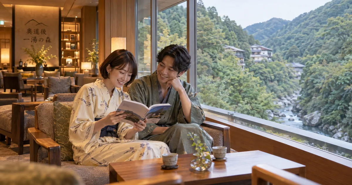 奥道後温泉でデートを楽しむふたりをイメージしたAI画像