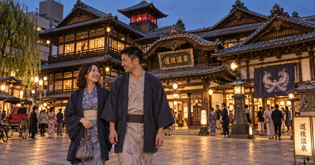 道後温泉本館でデートを楽しむふたりをイメージしたAI画像