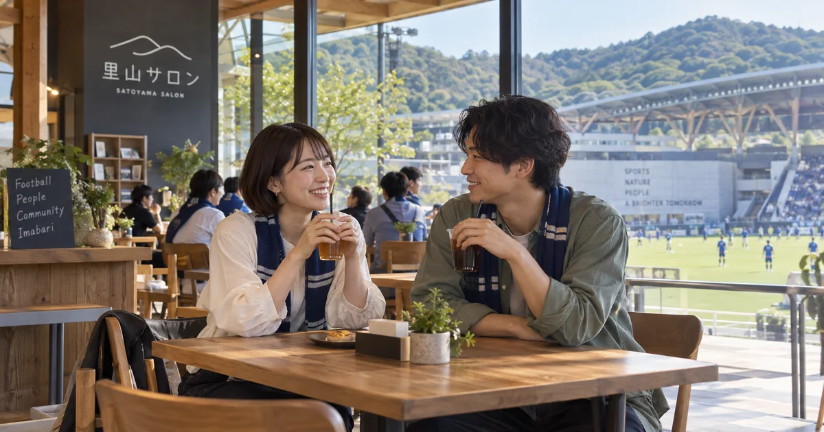 今治里山スタジアムでデートを楽しむふたりをイメージしたAI画像