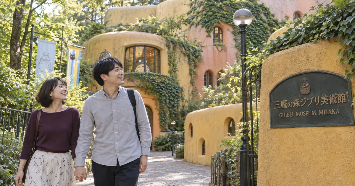 三鷹の森ジブリ美術館でデートを楽しむふたりをイメージしたAI画像