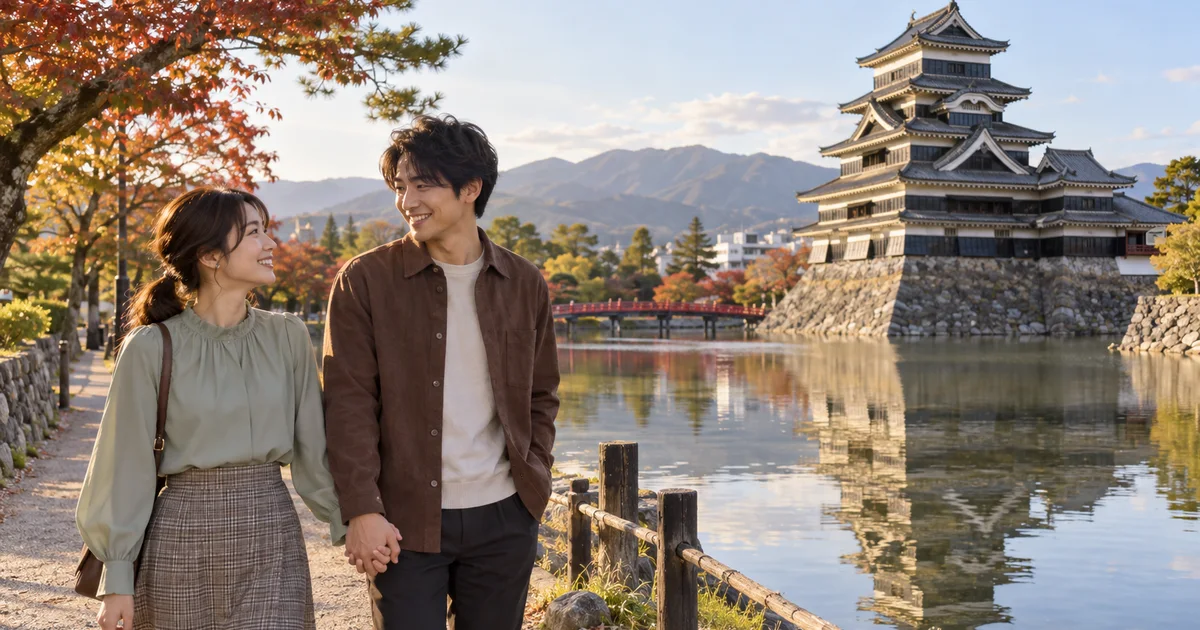 松本城でデートを楽しむふたりをイメージしたAI画像