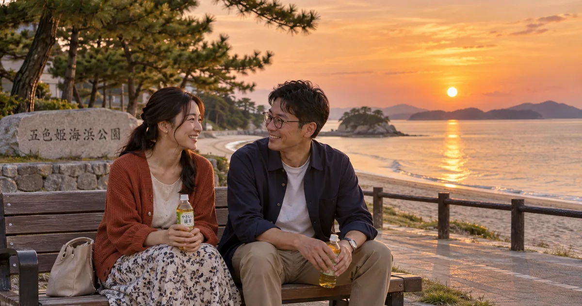 五色姫海浜公園でデートを楽しむふたりをイメージしたAI画像