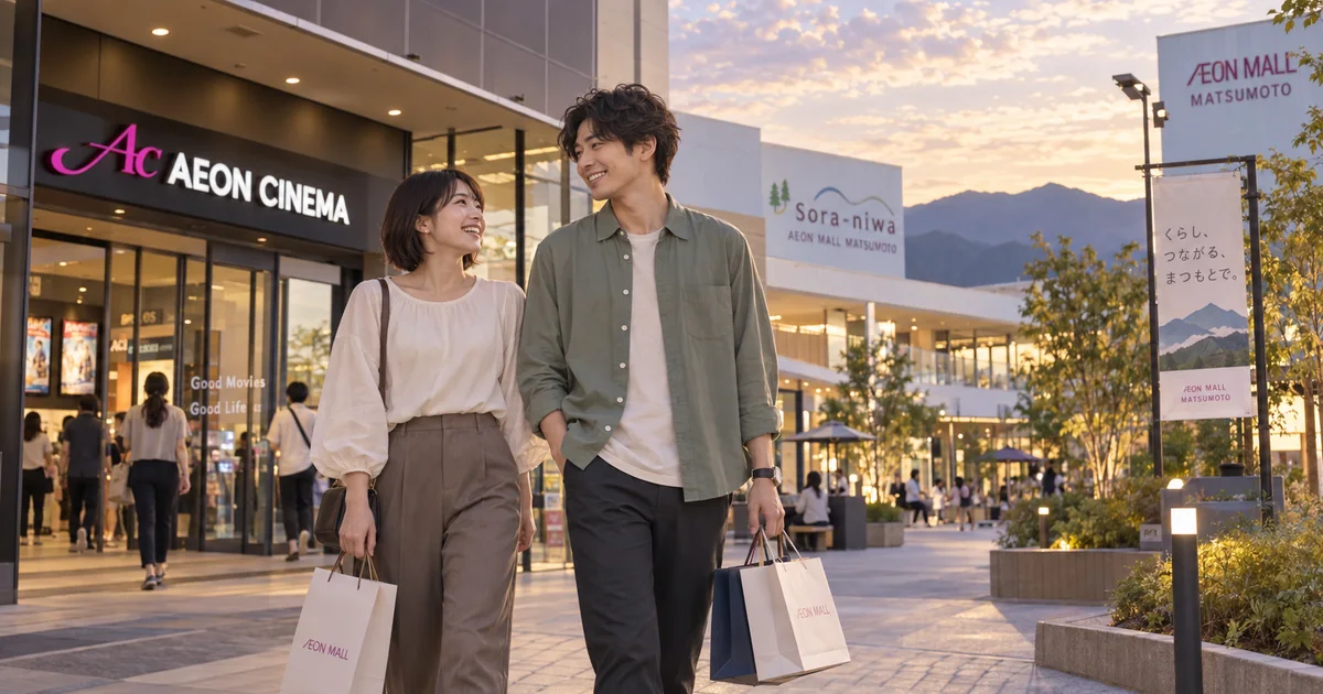 イオンモール松本でデートを楽しむふたりをイメージしたAI画像
