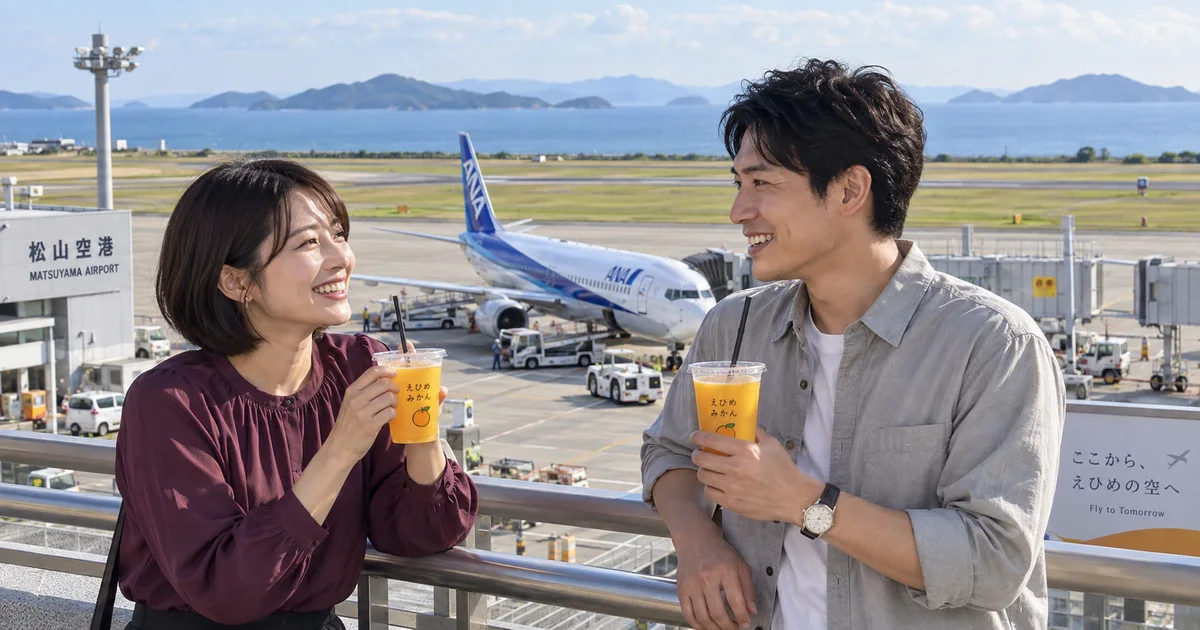 松山空港でデートを楽しむふたりをイメージしたAI画像