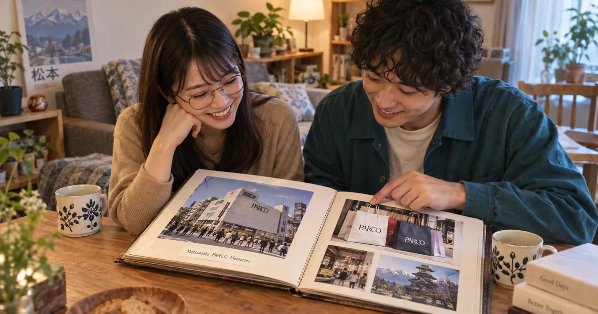 松本パルコでデートを楽しむふたりをイメージしたAI画像