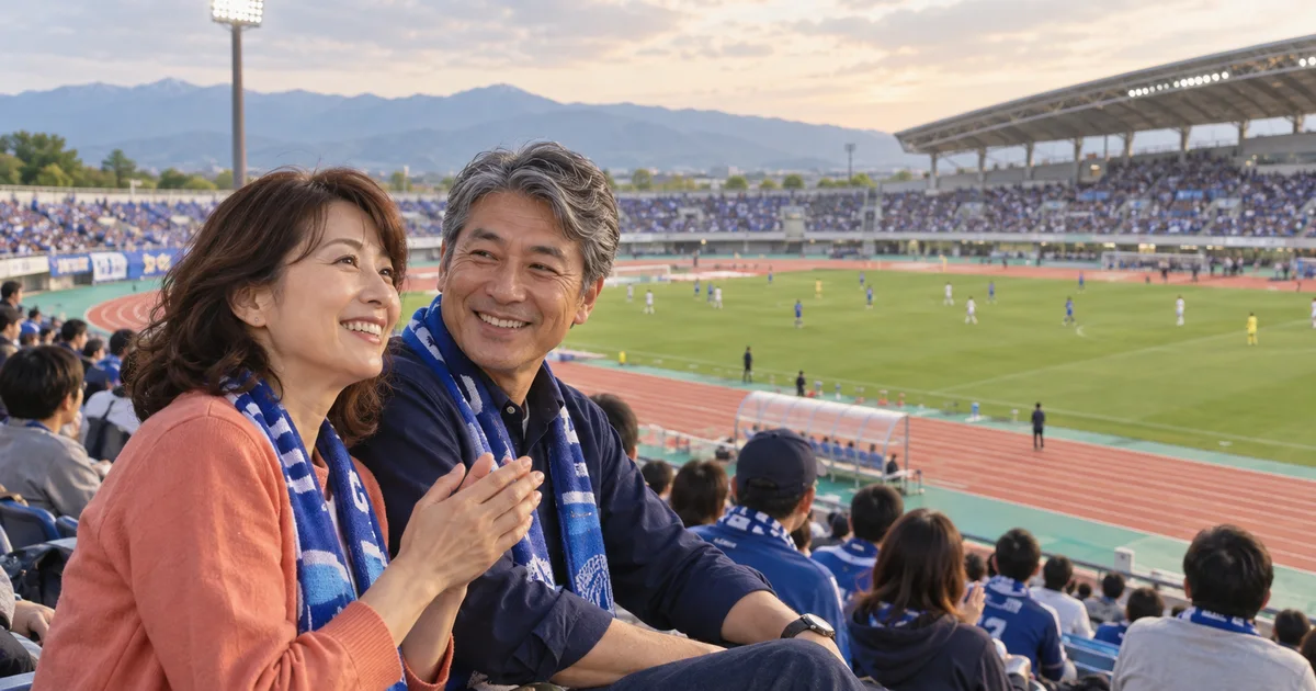 富山県総合運動公園陸上競技場でデートを楽しむふたりをイメージしたAI画像