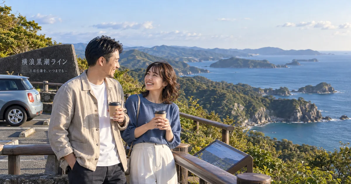 横浪黒潮ラインでデートを楽しむふたりをイメージしたAI画像