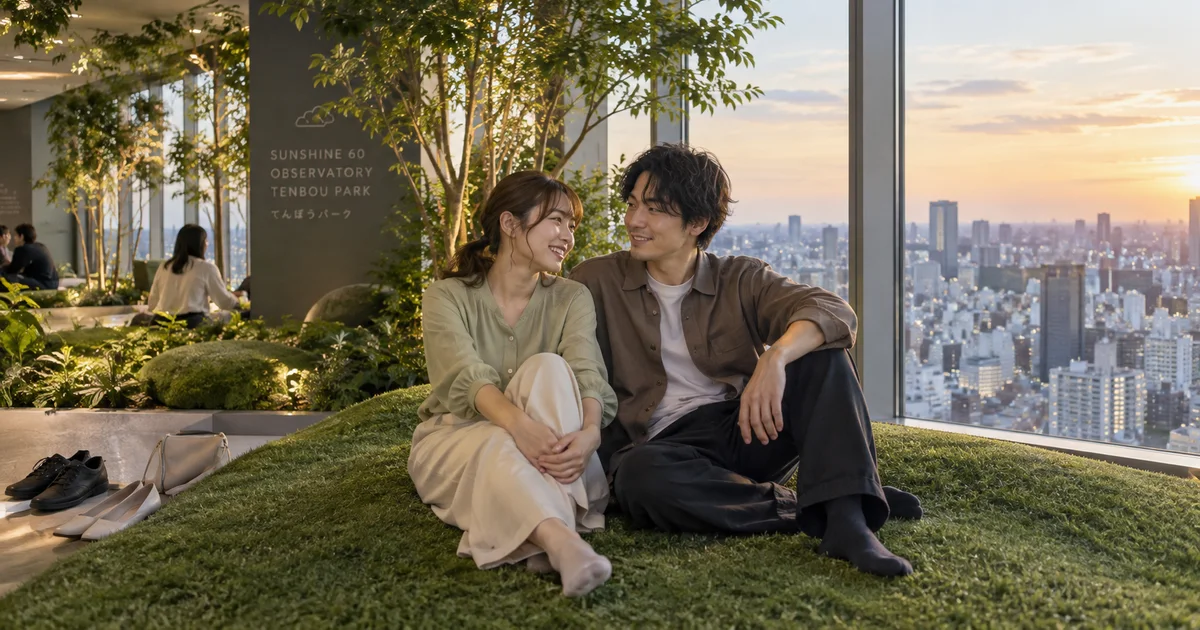 池袋サンシャインシティでデートを楽しむふたりをイメージしたAI画像