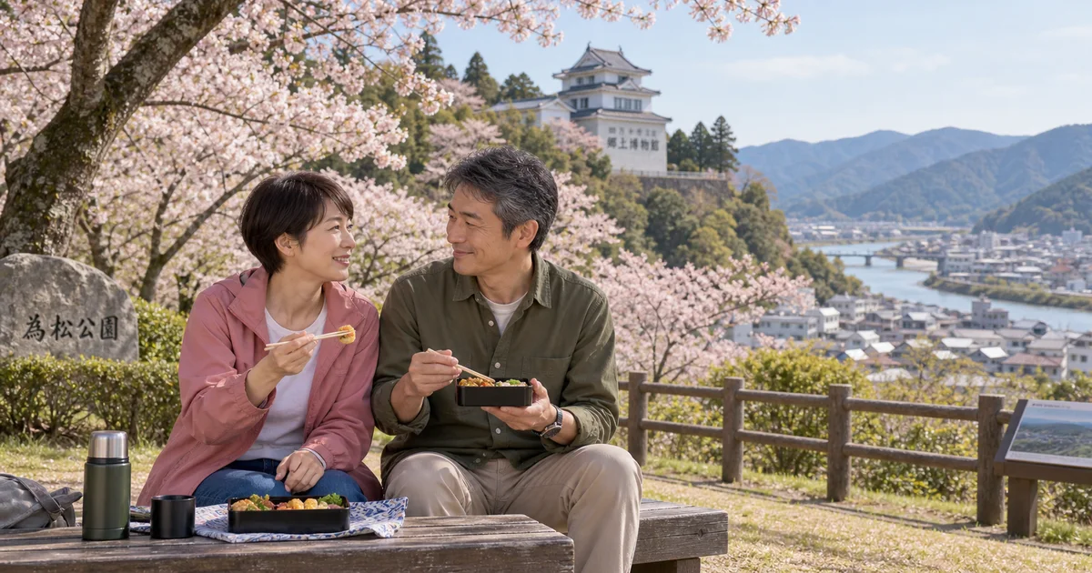 為松公園でデートを楽しむふたりをイメージしたAI画像