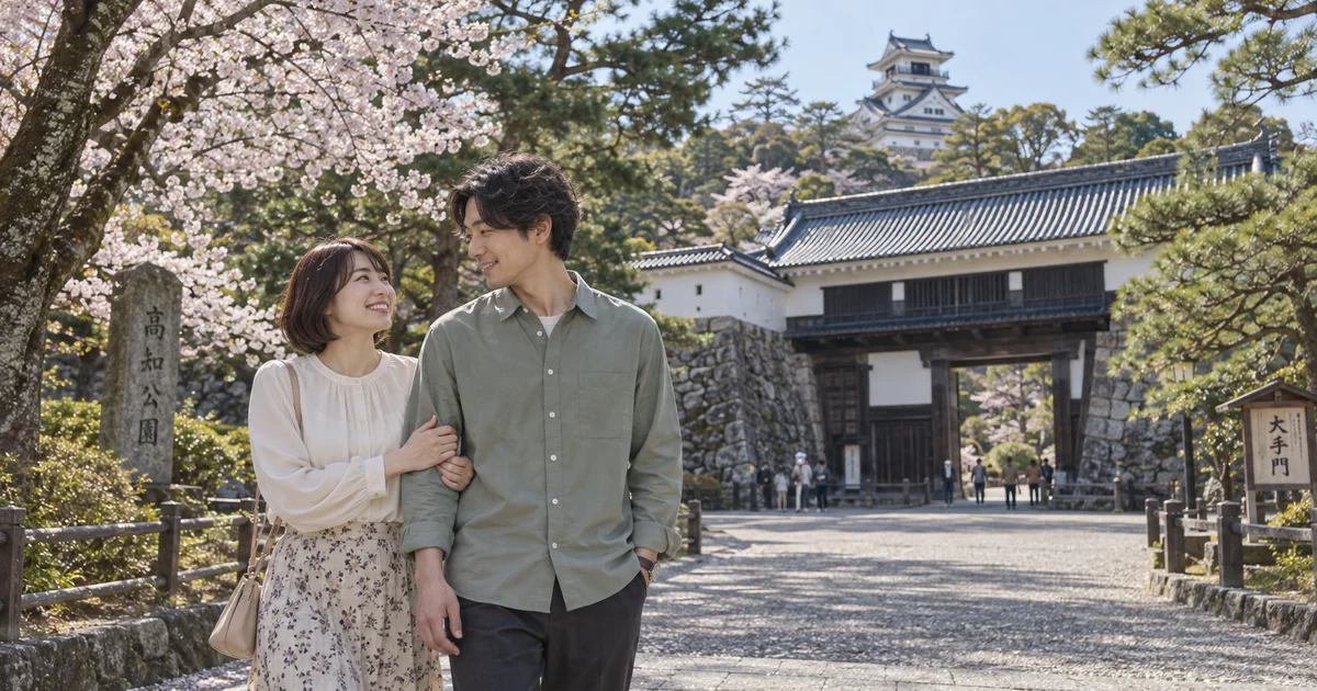 高知公園でデートを楽しむふたりをイメージしたAI画像