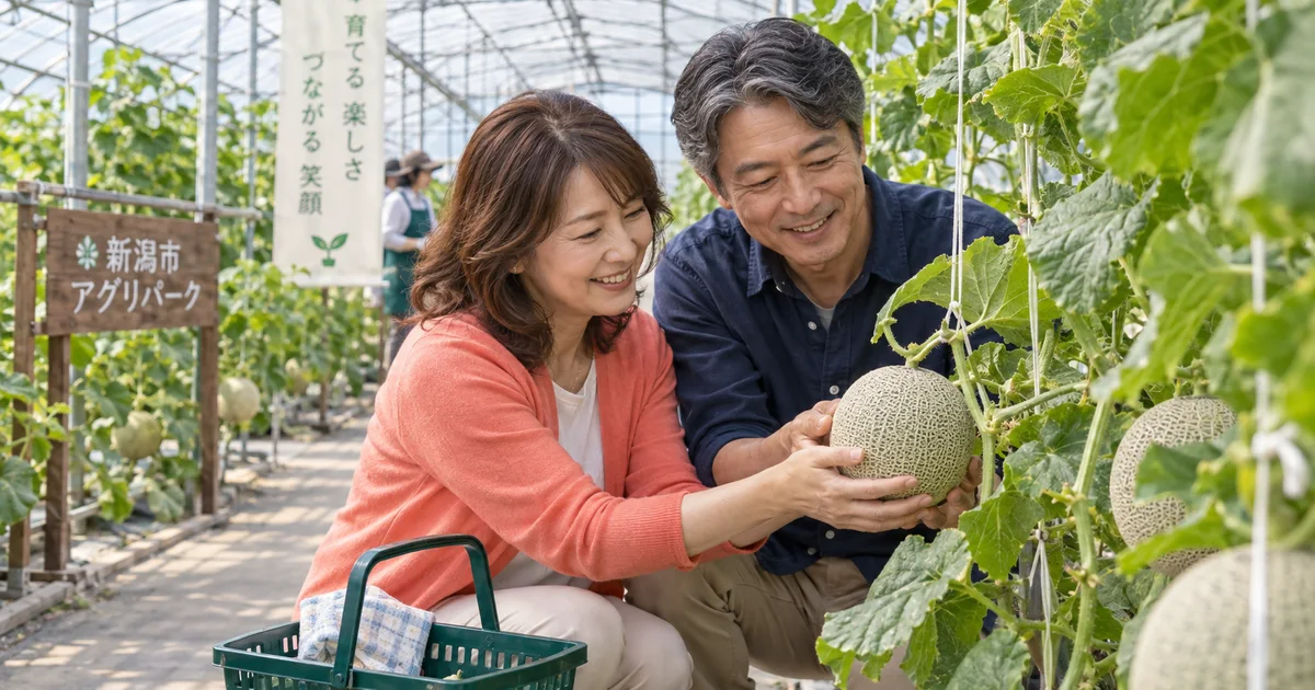 新潟市アグリパークでデートを楽しむふたりをイメージしたAI画像