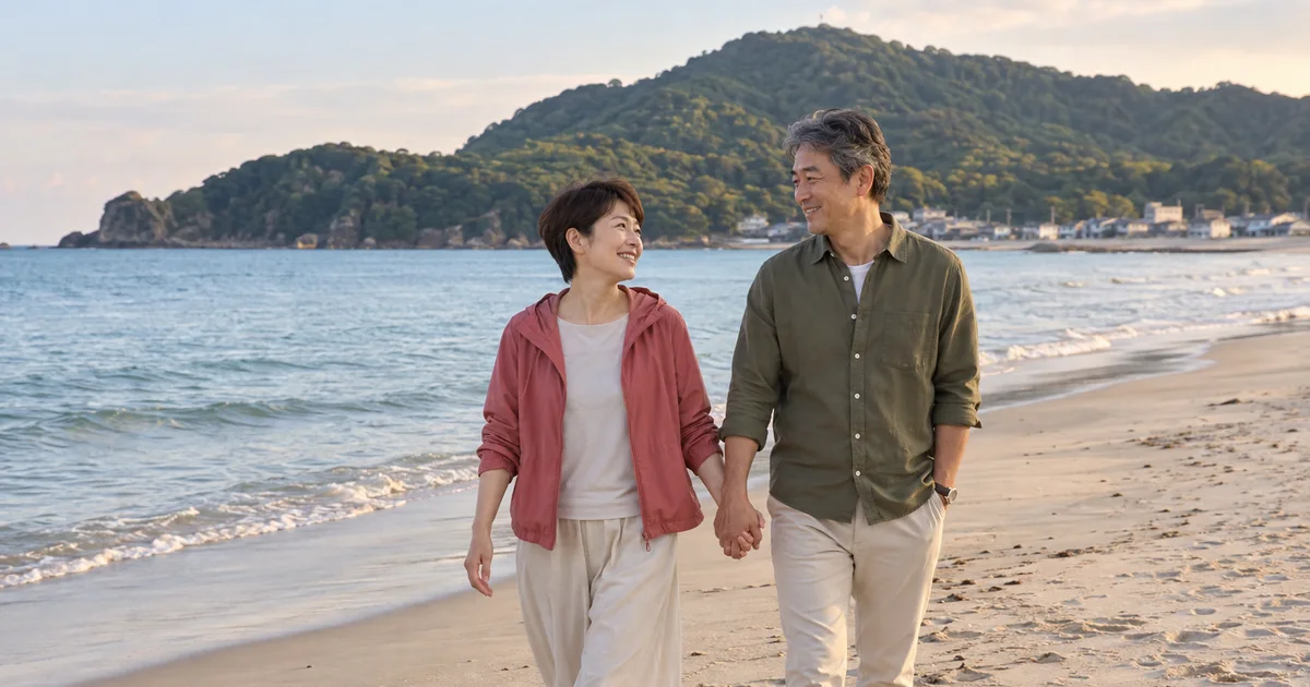 丹後由良海水浴場でデートを楽しむふたりをイメージしたAI画像