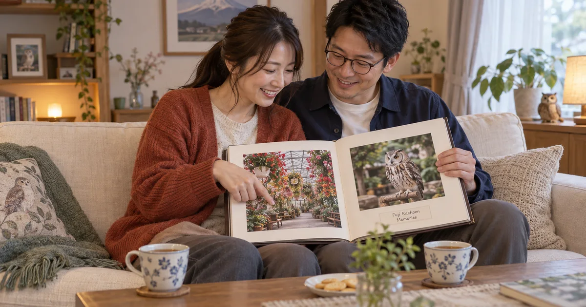 富士花鳥園でデートを楽しむふたりをイメージしたAI画像