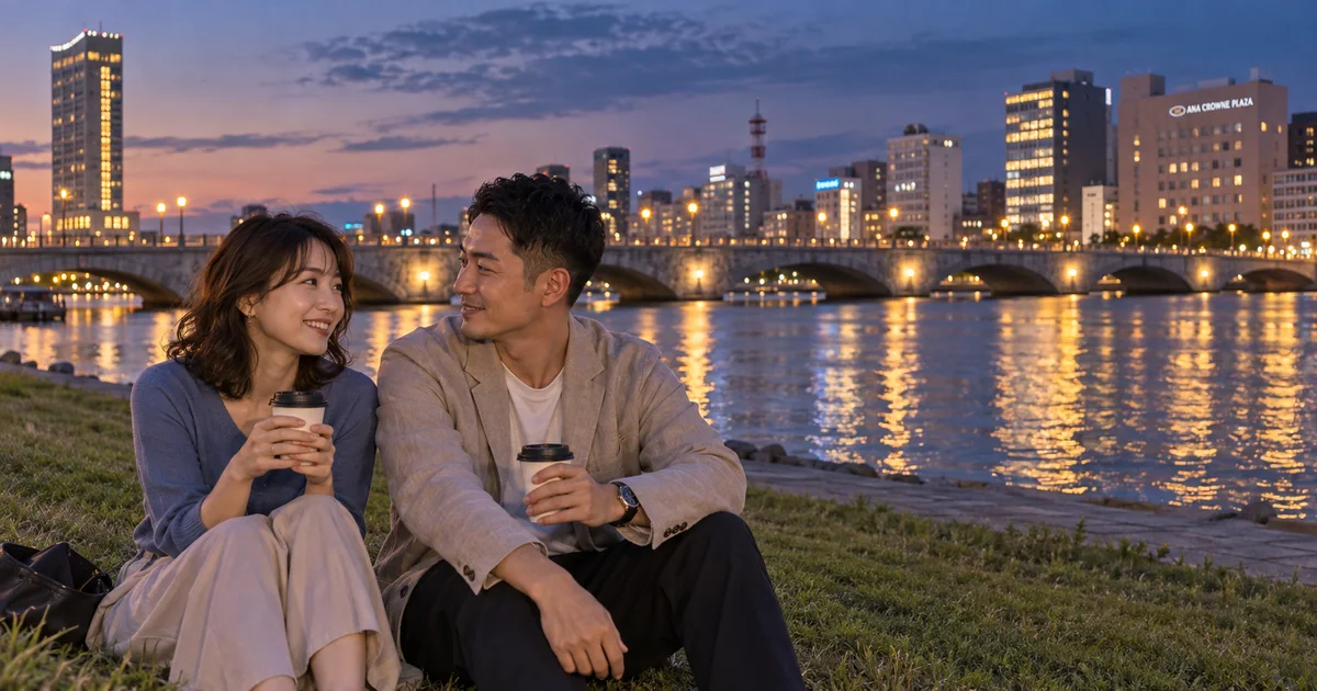萬代橋でデートを楽しむふたりをイメージしたAI画像