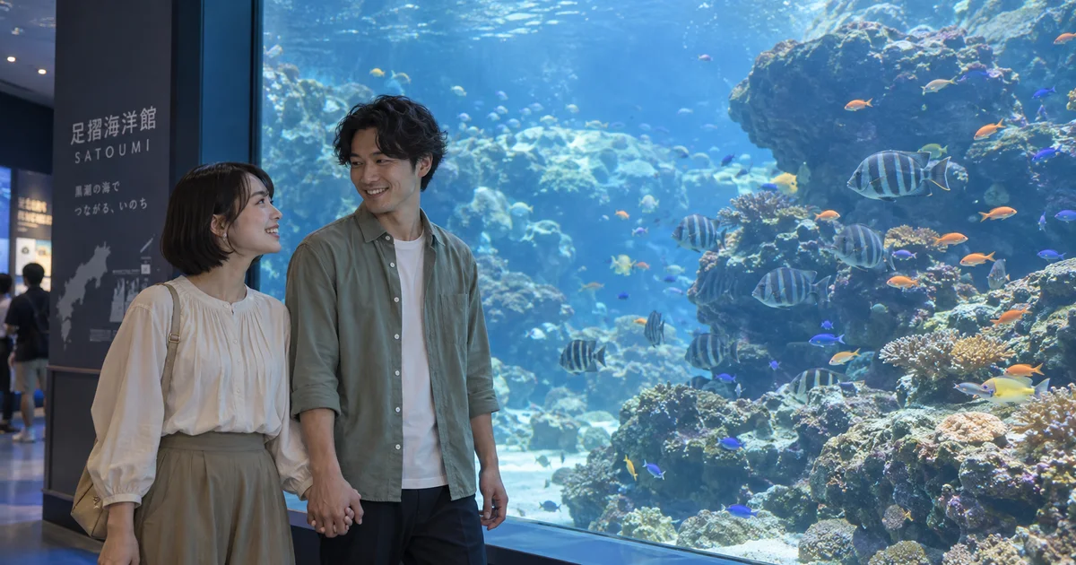 足摺海洋館でデートを楽しむふたりをイメージしたAI画像