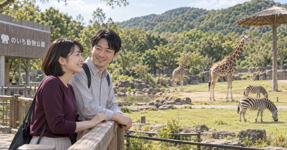 のいち動物公園でデートを楽しむふたりをイメージしたAI画像