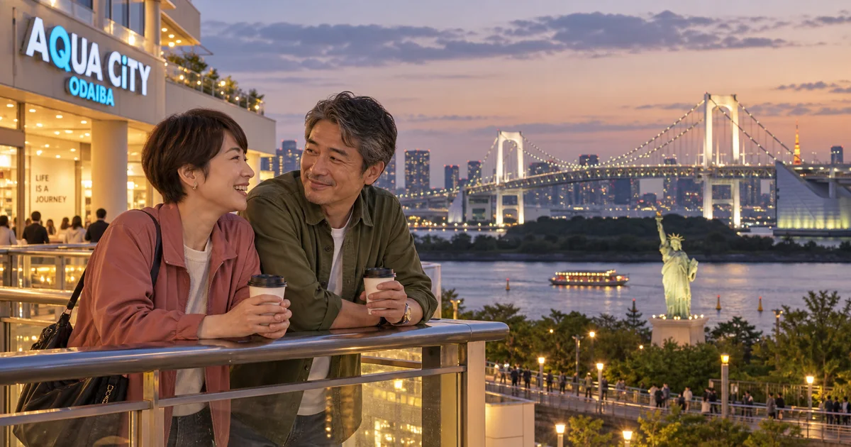 アクアシティお台場でデートを楽しむふたりをイメージしたAI画像