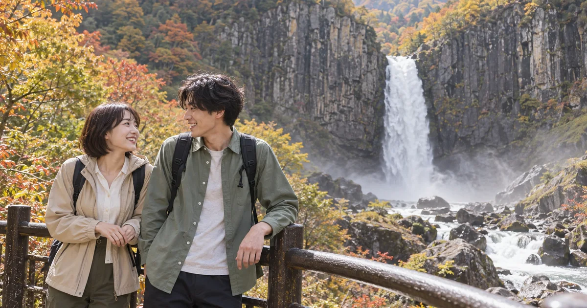 苗名滝でデートを楽しむふたりをイメージしたAI画像