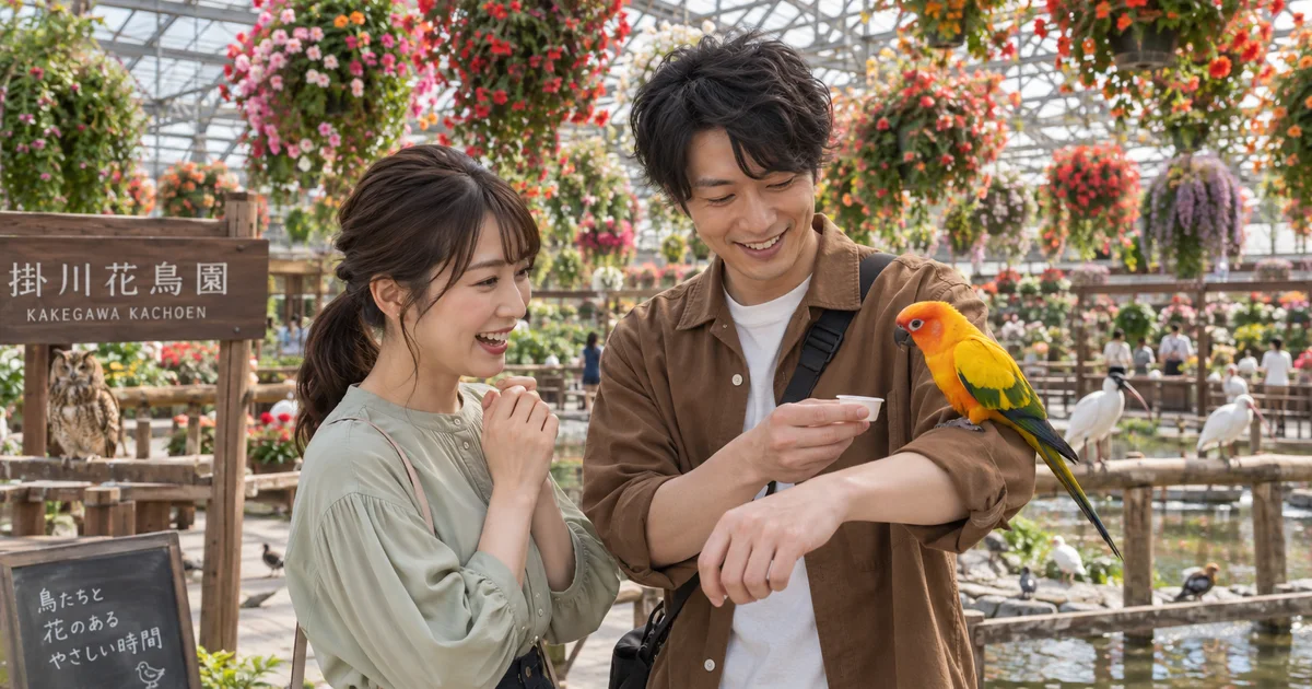 掛川花鳥園でデートを楽しむふたりをイメージしたAI画像