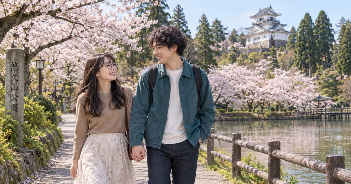 悠久山公園でデートを楽しむふたりをイメージしたAI画像