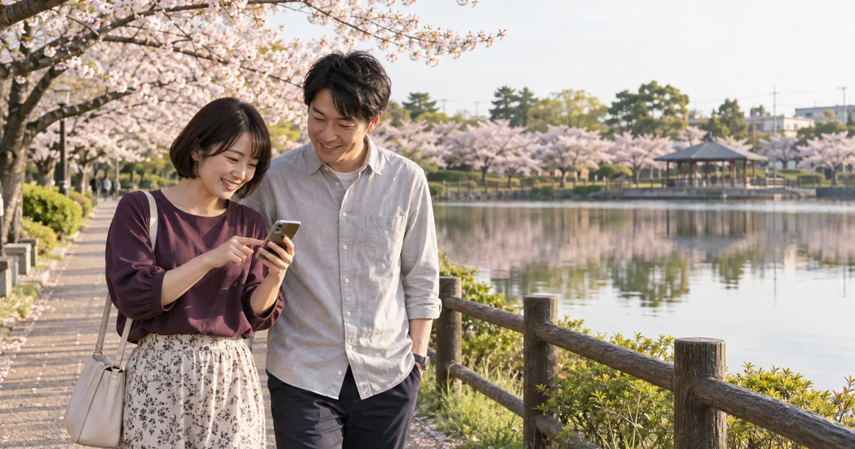 北山池公園でデートを楽しむふたりをイメージしたAI画像