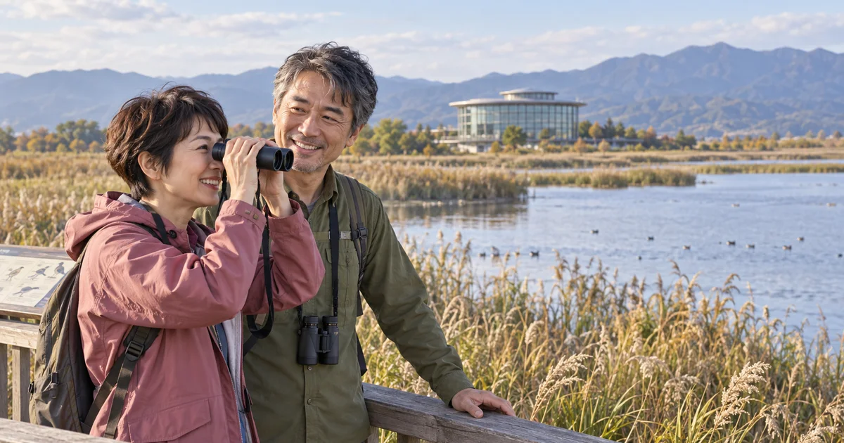 水の公園福島潟でデートを楽しむふたりをイメージしたAI画像