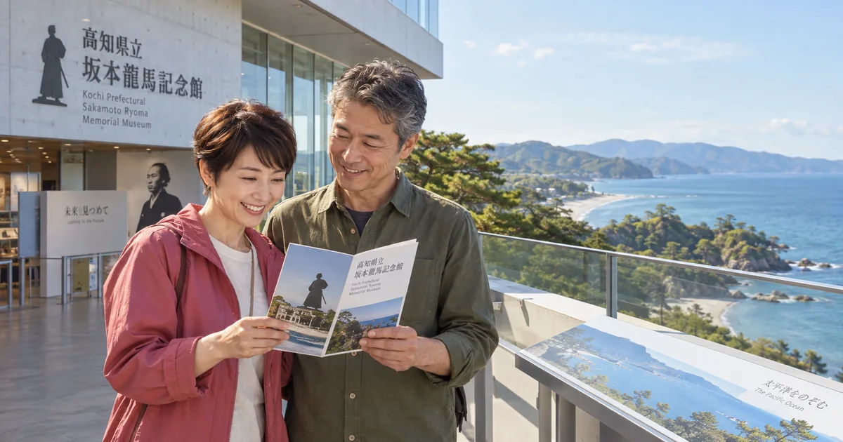 高知県立坂本龍馬記念館でデートを楽しむふたりをイメージしたAI画像