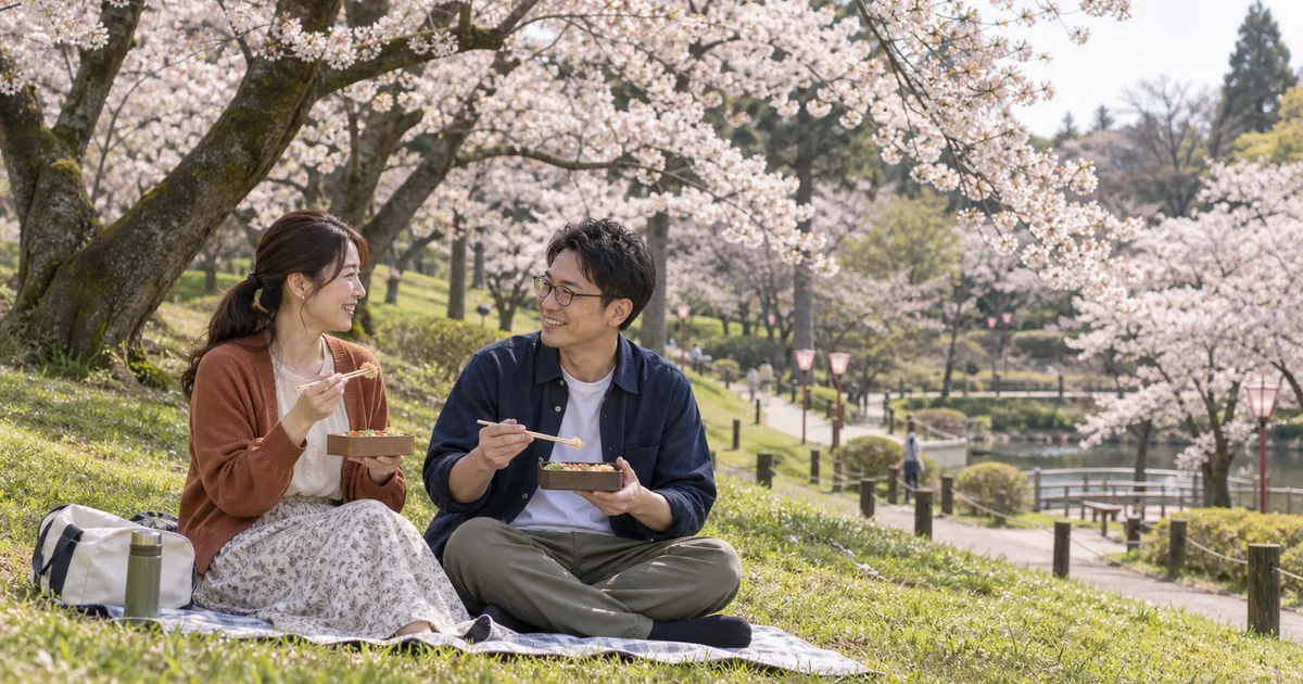 村松公園でデートを楽しむふたりをイメージしたAI画像