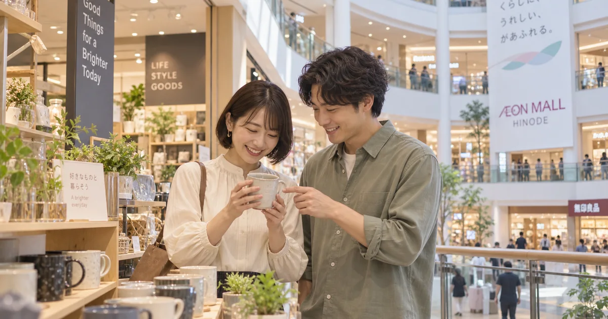 イオンモール日の出でデートを楽しむふたりをイメージしたAI画像