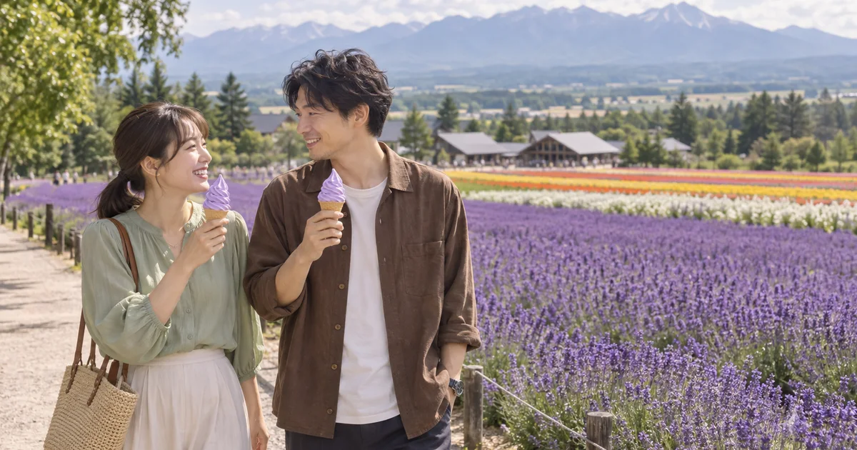 ファーム富田でデートを楽しむふたりをイメージしたAI画像
