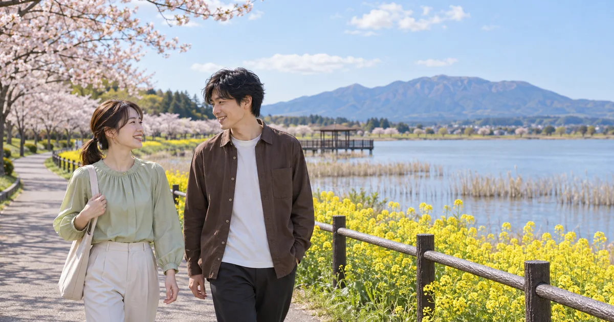 上堰潟公園でデートを楽しむふたりをイメージしたAI画像
